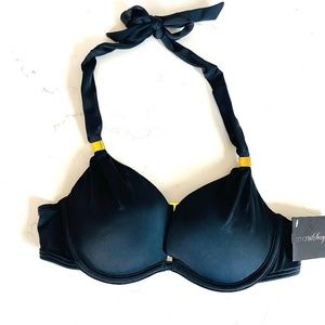 NEW Smart & Sexy Black Bikini Top Size 34B Gold Accents Halter Tie